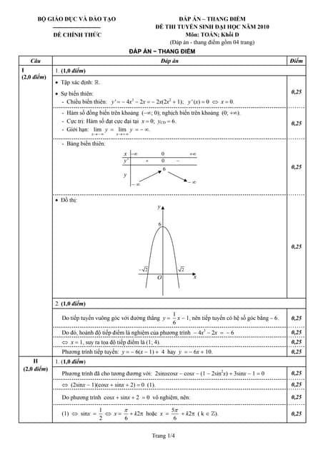 Đáp án chính thức môn Toán - Khối D - Kỳ thi Đại học năm 2010
