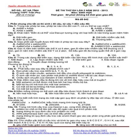 Dap an de thi thu mon sinh nam 2013