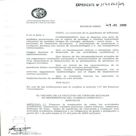 Resolución sobre la suspensión de la facultad por gripe A