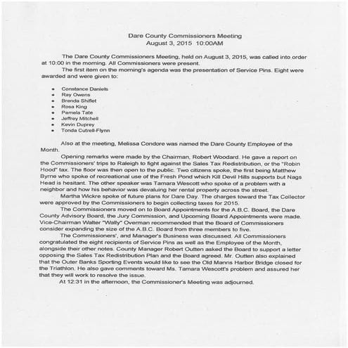 YouthVoice 2015 report: Interview with Dare County Vice Chair Wally Overman and report on Board of Commissioners meeting