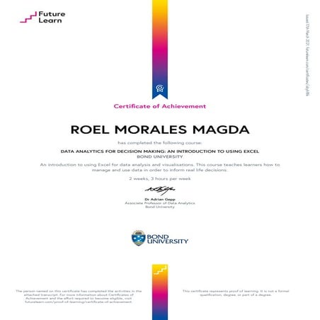 Certificate of Achievement: Data Analytics for Decision Making  Using Excel