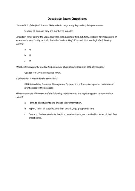 Database exam questions