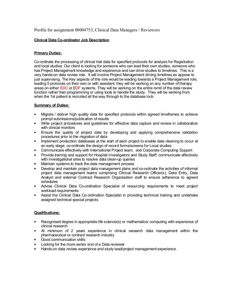 clinical data co ordinator job description data manager