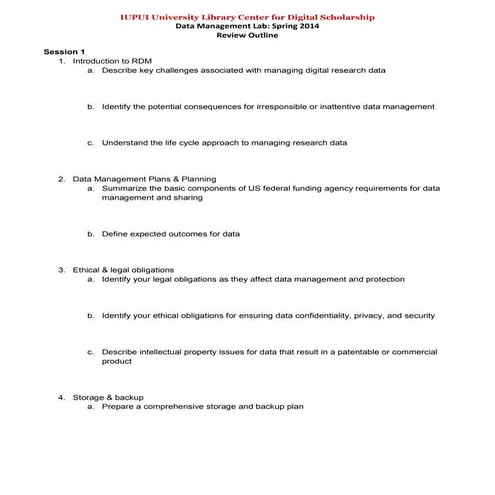 Data Management Lab: Session 4 Review Outline