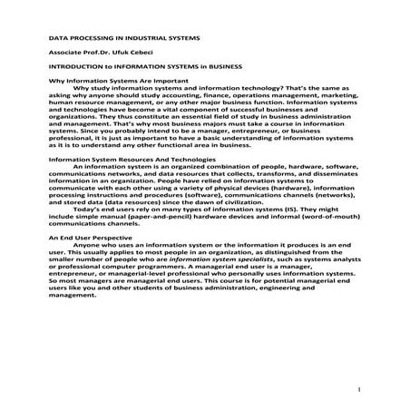 Data processing in Industrial systems Course Notes 1- 3 weeks