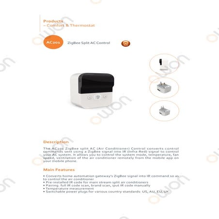 OWON ZigBee IR Blaster (Split A/C Controller) AC201 | PDF