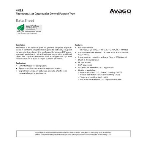 4N25 - Datasheet - AVAGO TECHNOLOGIES LIMITED | PDF