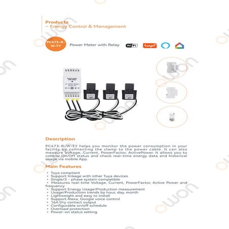 OWON Din Rail 3-Phase WiFi Power Meter with Contact Relay PC473-R-W-TY ...