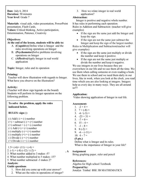 Integer Lesson Plan 