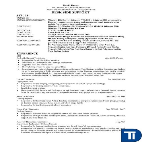 David Kester Resume Deskside