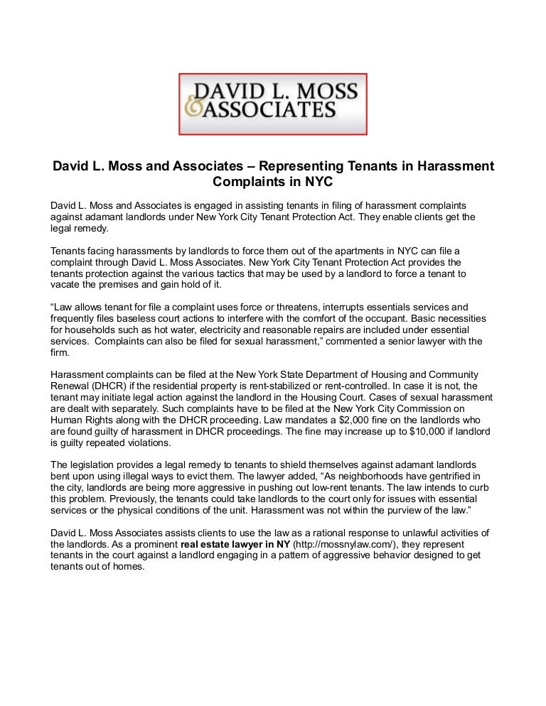 David L Moss And Associates Representing Tenants In Harassment Com
