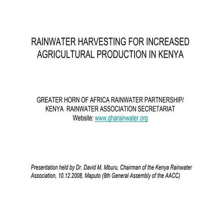 Kenya;  Rainwater Harvesting For Increased Agricultural Production In Kenya