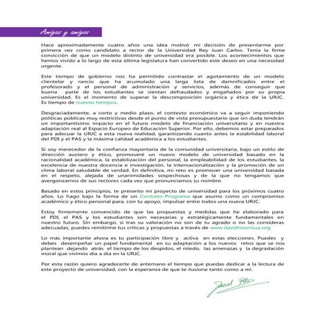 Carta de presentación del candidato a rector de la URJC David Ríos ...