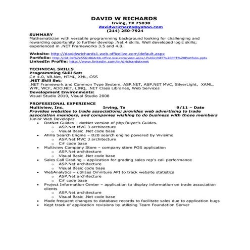 David W Richards Net Resume