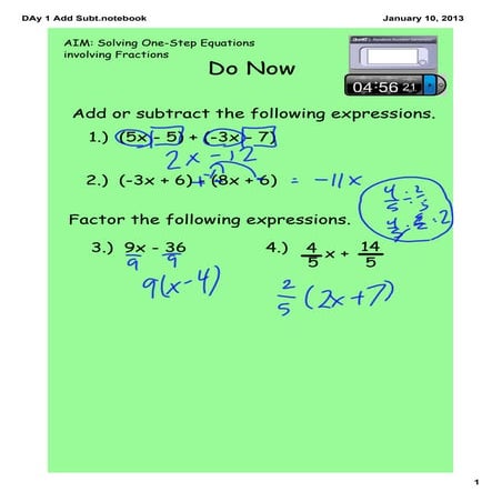 Day 11 one step equations with fractions add and subt