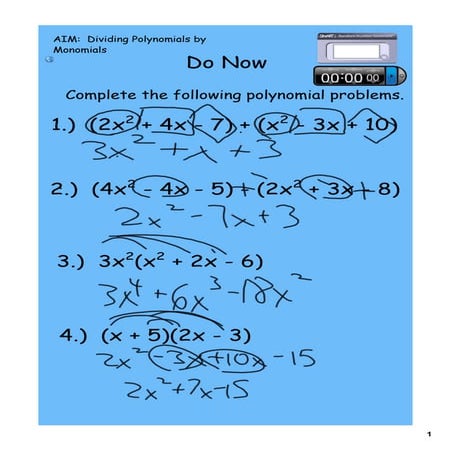 Day 8 dividing polynomials by monomials | PDF