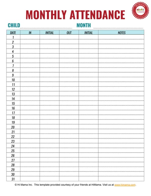 Daycare Sign in Sheet Template Monthly
