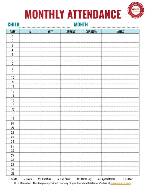 daycare sign in sheet template monthly