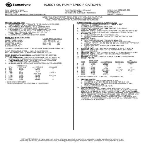 Bomba Stanadyne DB2635-5681 Plano de teste e explodido de peças 