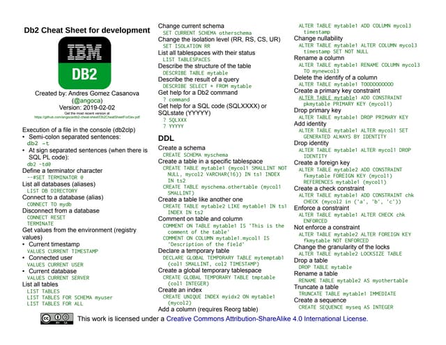 Db2 cheat sheet for development