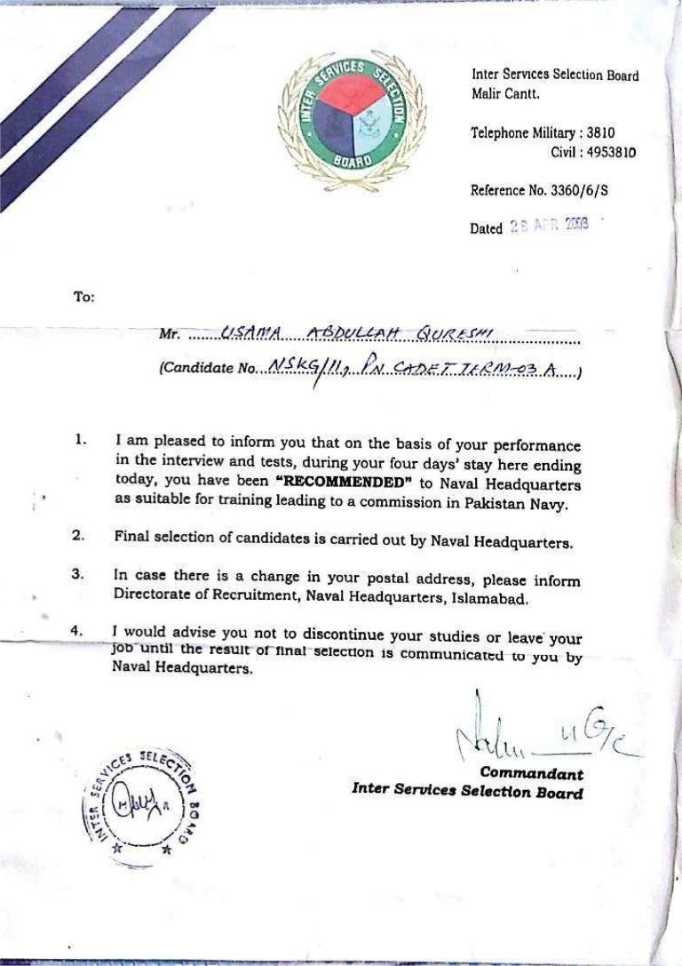 Pak Army Recommendation Letter Pak Army Recommendation Letter