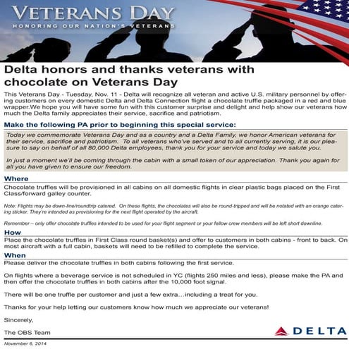 Delta honors and thanks veterans with chocolate on Veteran's Day