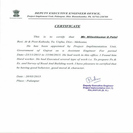 Experience Certificate Piu 1506 Pdf