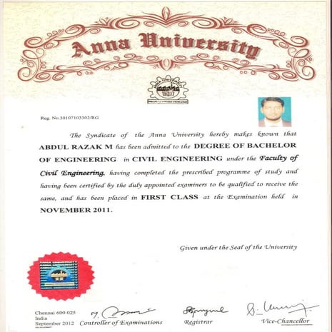 B.E DEGREE CERTIFICATE FRONT SIDE | PDF