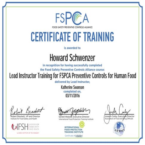 FSPCA TRAINING CERTIFICATE | PDF