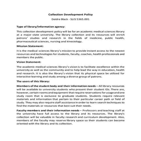 Collection Development Policy for a University Medical Sciences Library