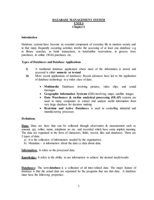 DATABASE MANAGEMENT SYSTEM UNIT-I Chapter-1