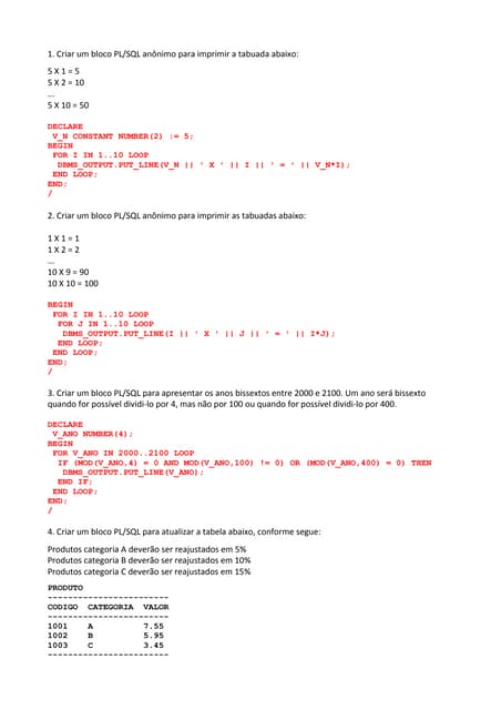 Exercícios PL/SQL