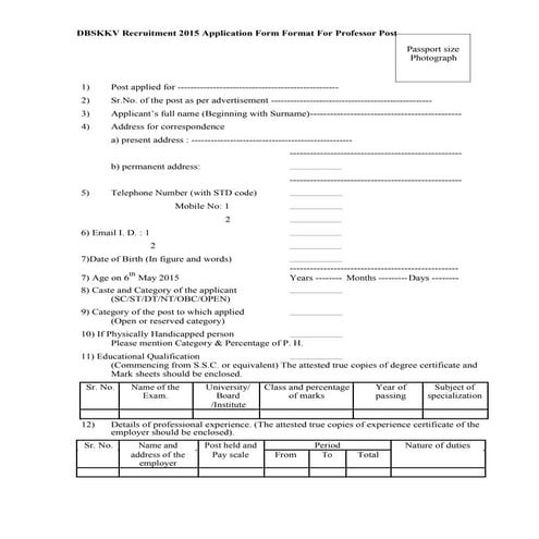 DBSKKV Recruitment 2015 Application Form Format For Professor Post | PDF