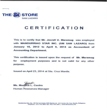 Certificate of Employment - MSI - SM Dep Store