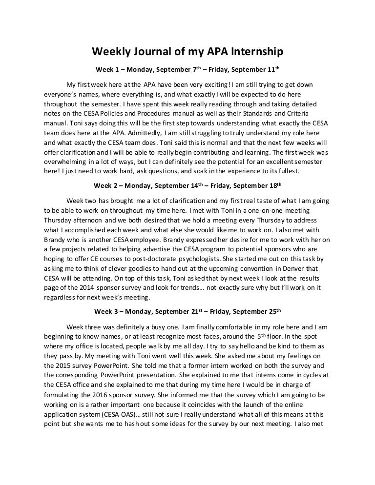 weekly journal of my apa internship dane apa for mat