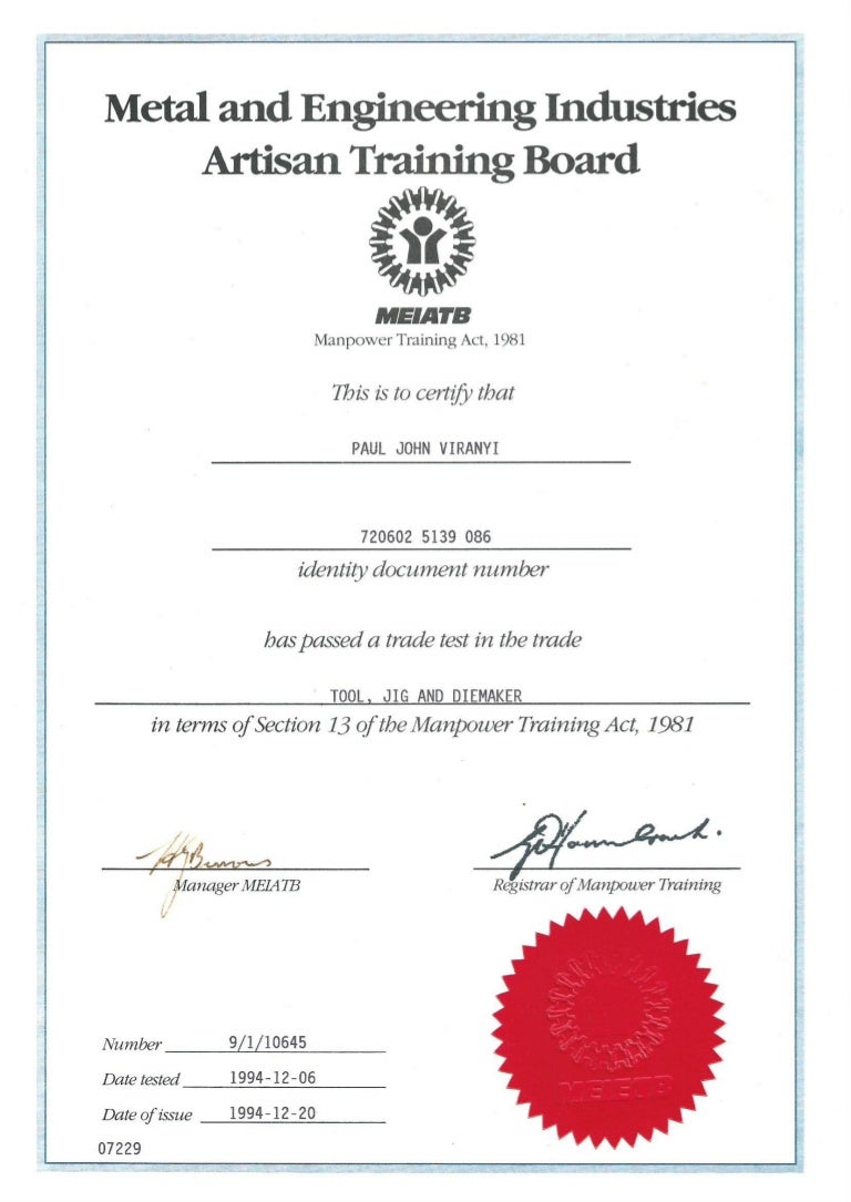 Tool, Jig & Die Certificate