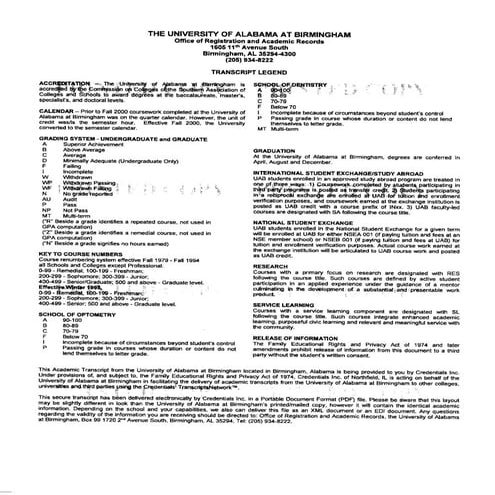 UAB Trasncripts without My SSN | PDF