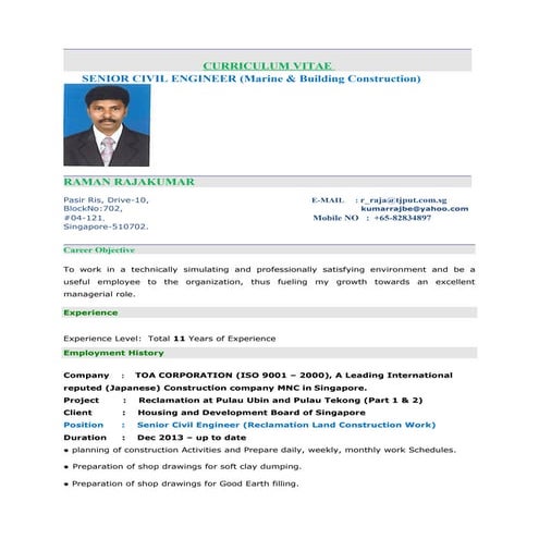 Raja kumar Resume (Senior Civil Engineer)