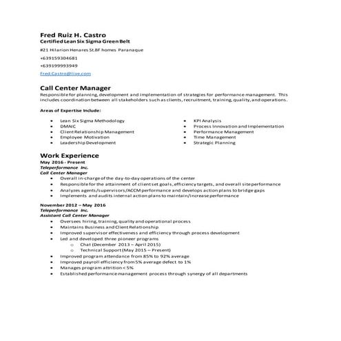 Call Center Manager - Fred Ruiz Castro,CLSSGB