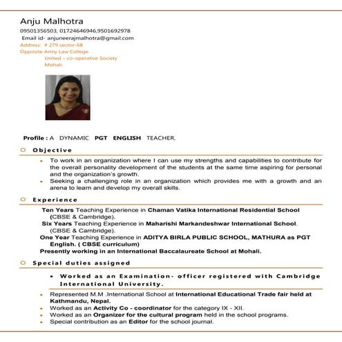 IB certified  Resume