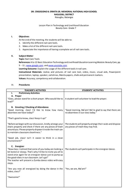 Detailed Lesson Plan inT.L.E. BEAUTY CARE: Nail Care Services - Nail