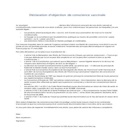 Déclaration d'objection de conscience vaccinale | DOCX