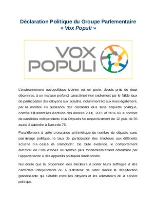 Déclaration politique du groupe parlementaire « vox populi »
