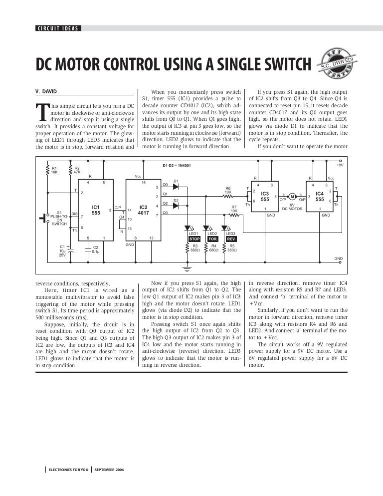 Dc motor control using a single switch