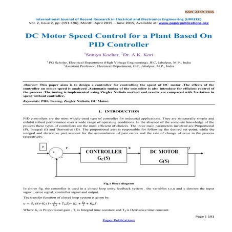 DC Motor Speed Control for a Plant Based On PID Controller | PDF