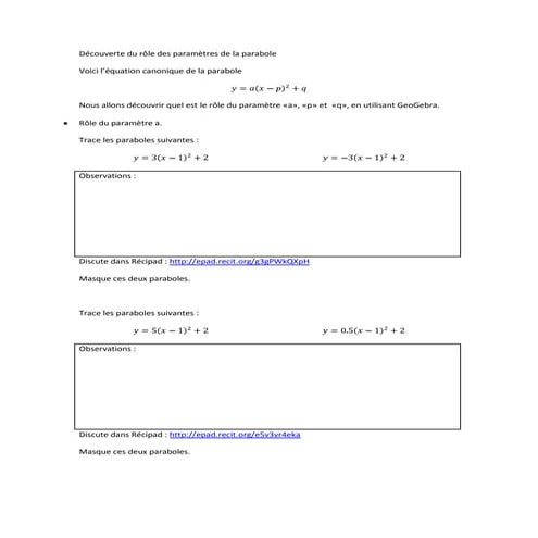 Découverte du rôle des paramètres de la parabole groupe 4