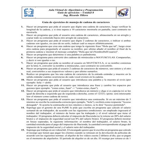 Guía de ejercicios de manejo de cadena de caracteres