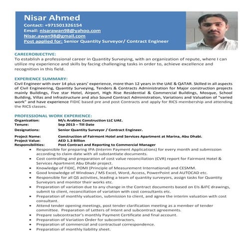 Eng's Nisar CV for Sr QS & Contract Engineer