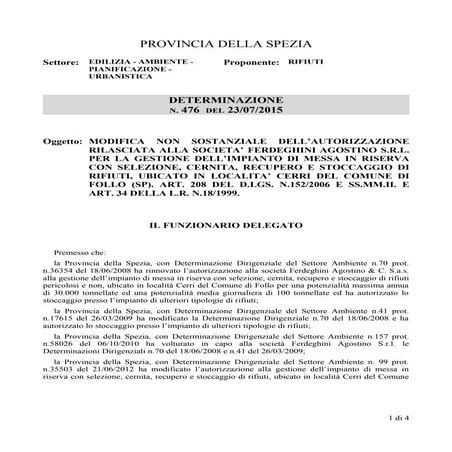 Decreto dirigenziale autorizza impianto rifiuti Cerri -Follo-La Spezia