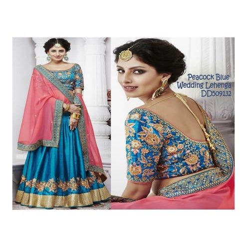 Peacock Blue Tafetta Lehenga Choli with a Tulle Dupatta and Belt